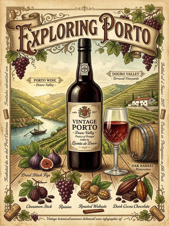 Portwein (Rebsorten & Stile) — poster and bottle