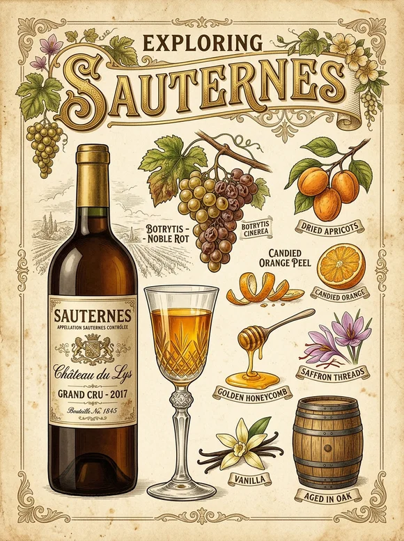 蘇玳貴腐甜白酒 (Sauternes) — poster and bottle